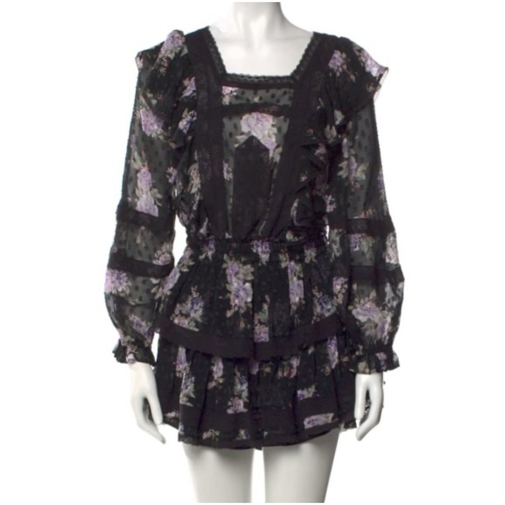 LoveShackFancy Minetta Floral Lace Ruffle Mini Dress Black Purple Size M